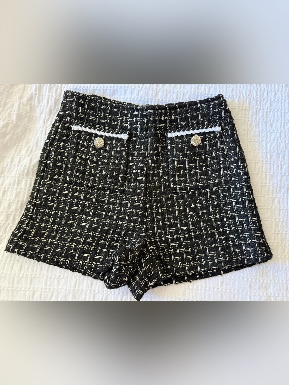 Commense Black Tweed Shorts with White Trim and Gold Buttons